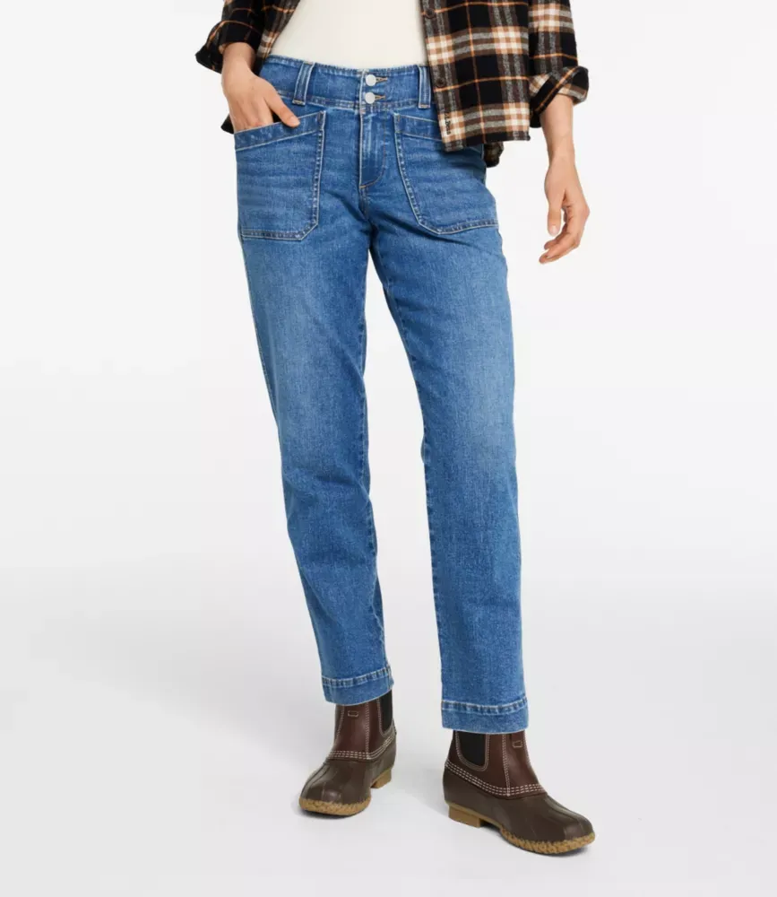 Damsk 1912 fältjeans i tyg, med medelhöjd midjehöjd och ankellång