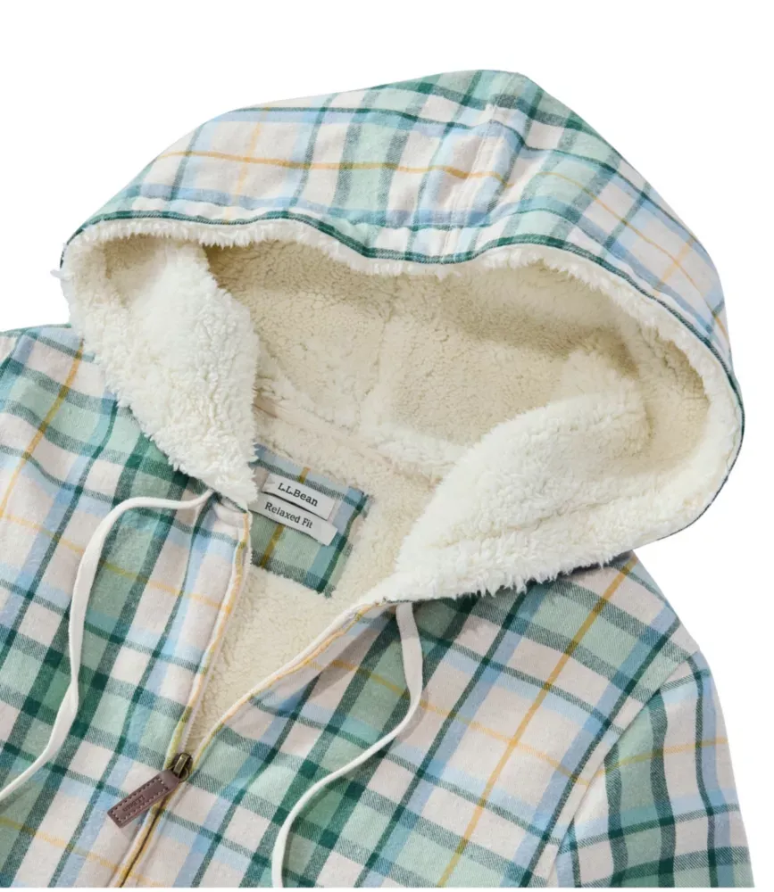 Damas Scotch Plaid flanellskjorta, sherpa-utkastad zip-hud